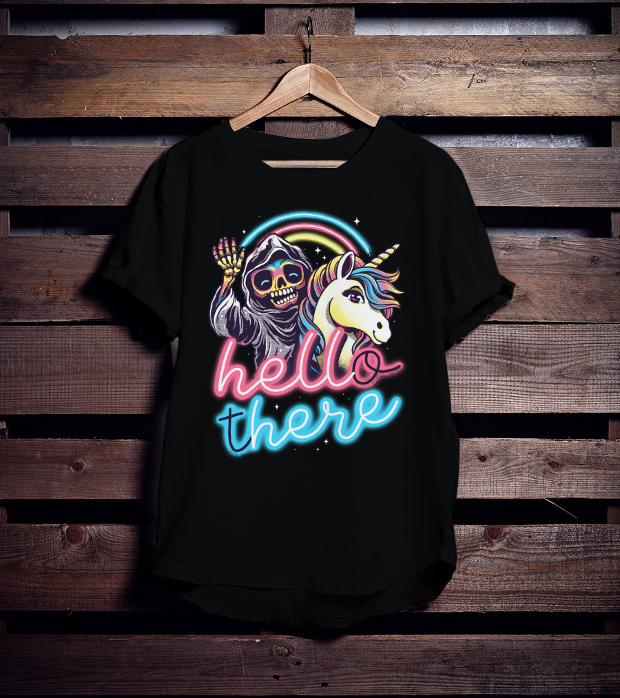 Hello There Grim Reaper And Unicorn Neon Rainbow T-Shirt