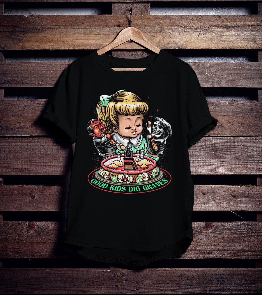 Good Kids Dig Graves Devil And Grim Reaper Cake Scene T-Shirt