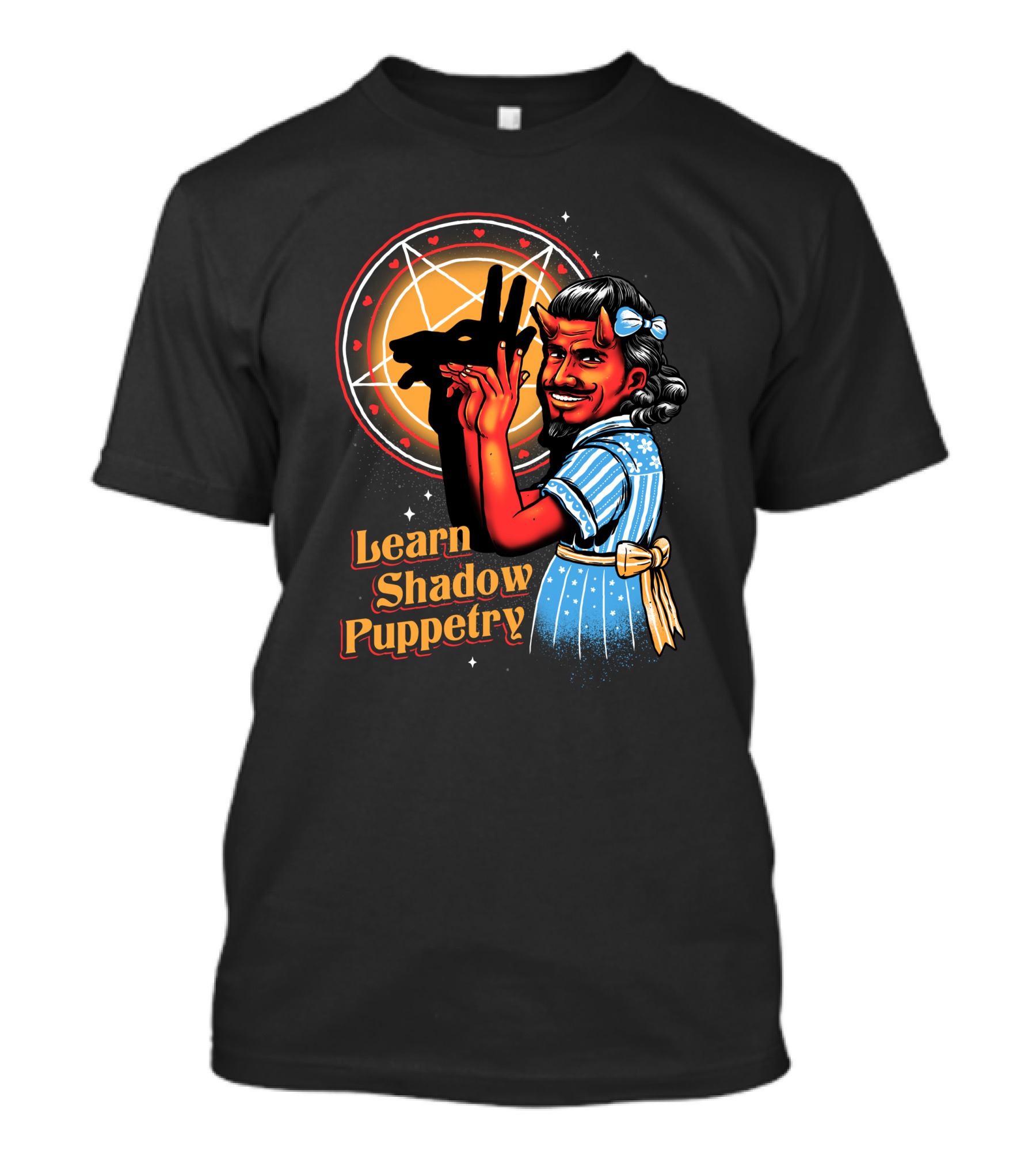 Learn Shadow Puppetry Demonic Child Pentagram Background T-Shirt