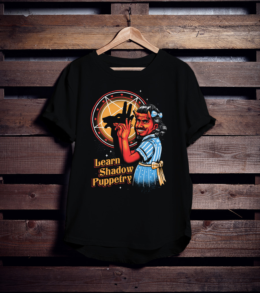 Learn Shadow Puppetry Demonic Child Pentagram Background T-Shirt