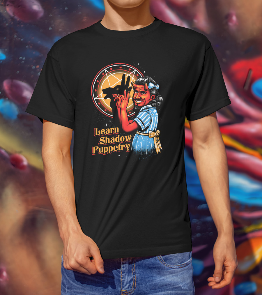 Learn Shadow Puppetry Demonic Child Pentagram Background T-Shirt