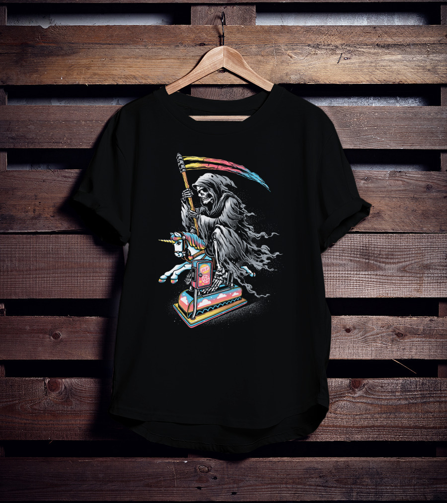 Death Riding Rainbow Scythe Unicorn Carousel Coin-Op T-Shirt