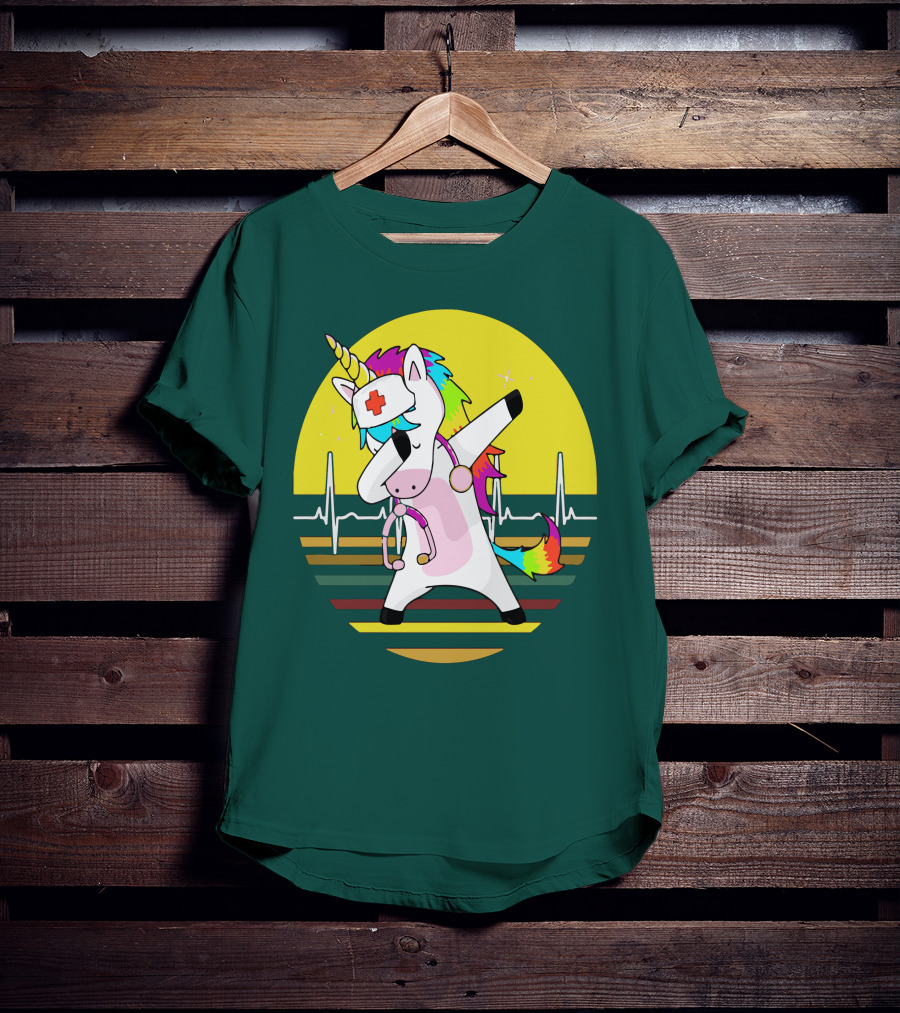Unicorn Nurse Dabbing With Rainbow Stethoscope And Heartbeat Background T-Shirt