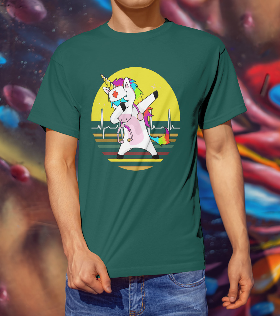 Unicorn Nurse Dabbing With Rainbow Stethoscope And Heartbeat Background T-Shirt