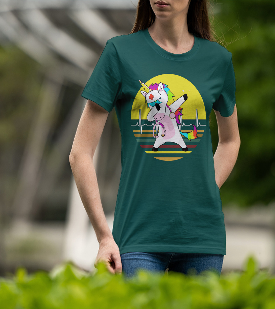 Unicorn Nurse Dabbing With Rainbow Stethoscope And Heartbeat Background T-Shirt