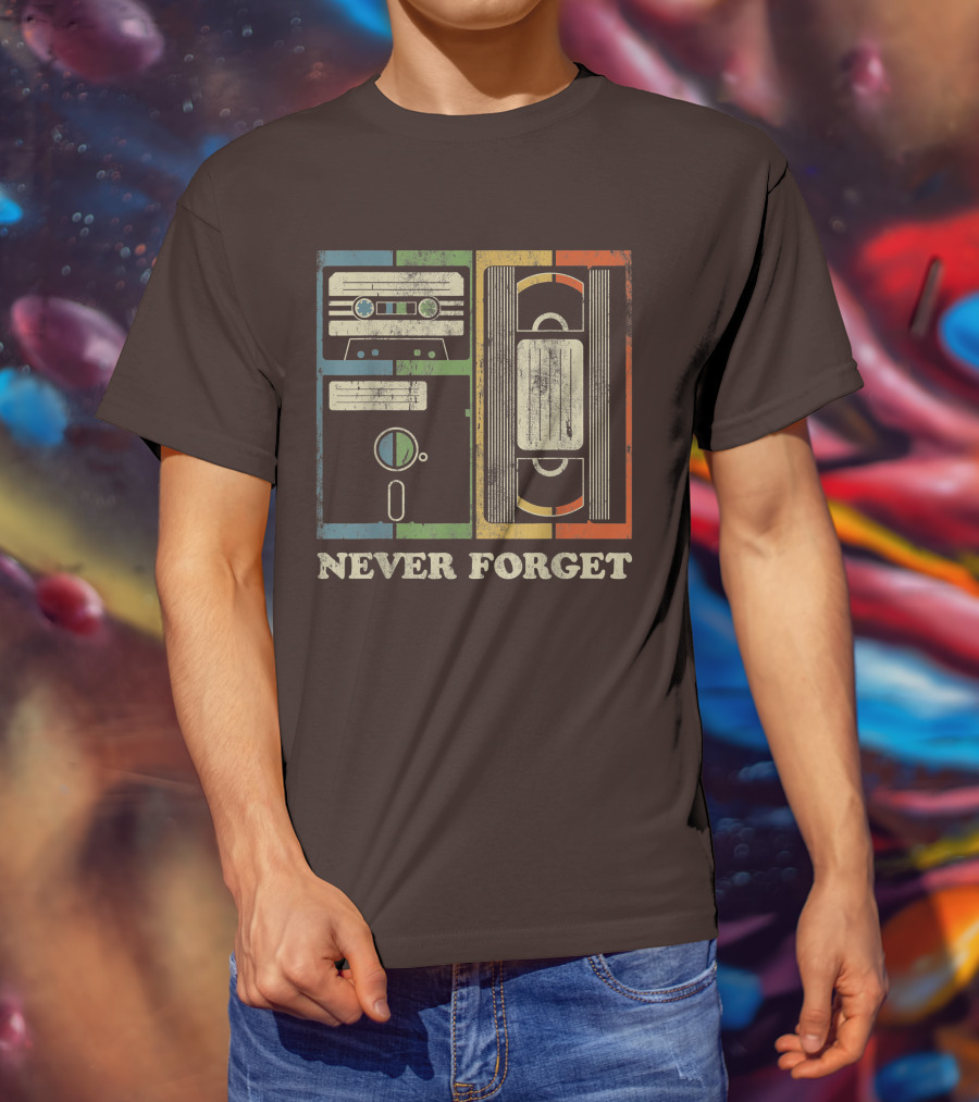 Never Forget Retro Vintage Cassette Floppy VHS Cool Funny Geeky Nerdy T-Shirt