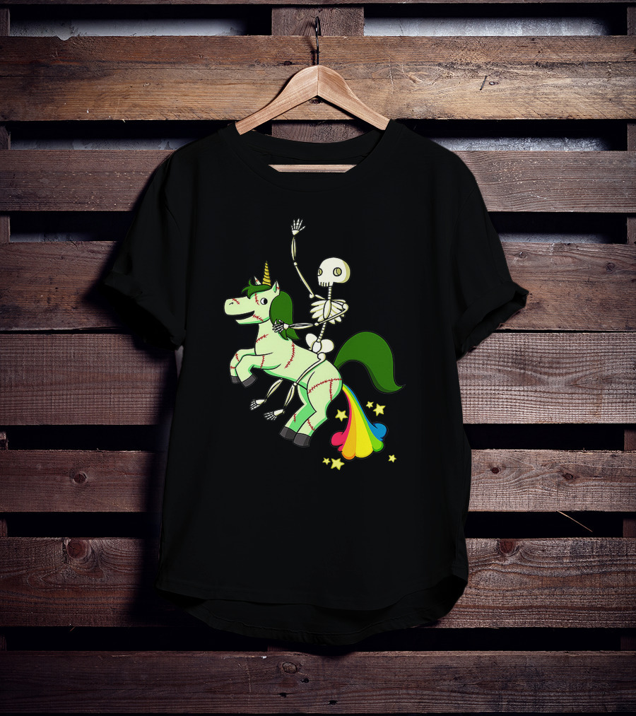 Skull Skeleton Riding Zombie Unicorn With Rainbow Tail And Green Mane T-Shirt