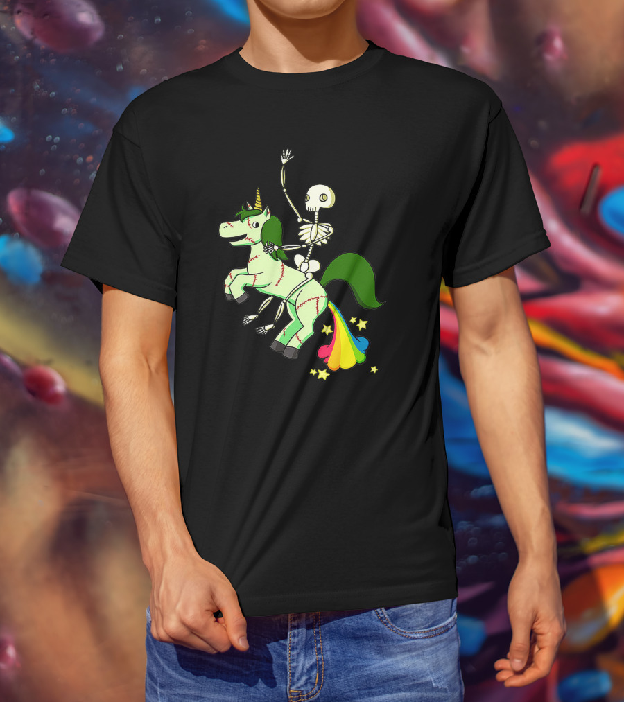 Skull Skeleton Riding Zombie Unicorn With Rainbow Tail And Green Mane T-Shirt