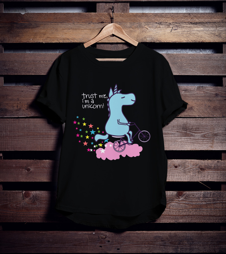 Trust Me I'm A Unicorn Riding Bicycle On Pink Cloud With Colorful Stars T-Shirt