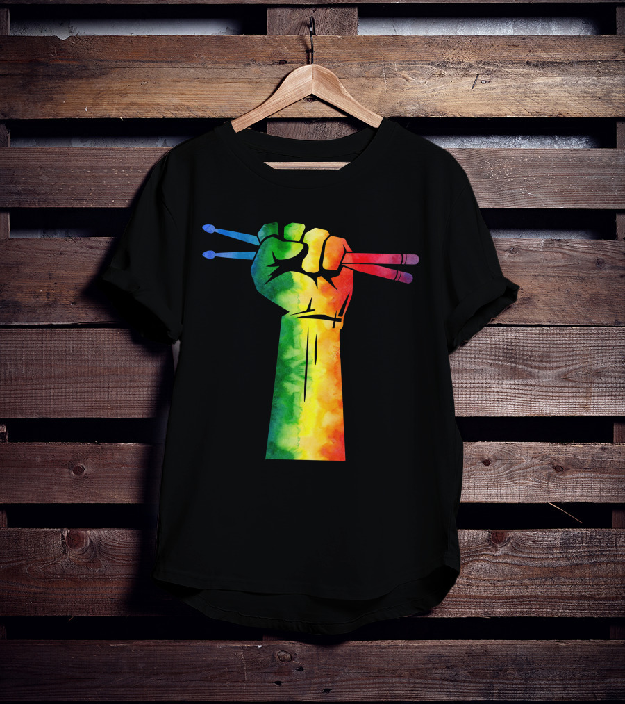 Drumstick Drummer Rainbow Fist T-Shirt