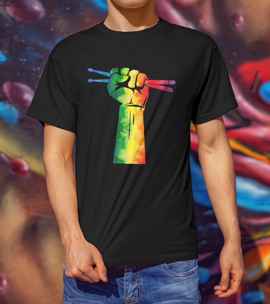 Drumstick Drummer Rainbow Fist T-Shirt