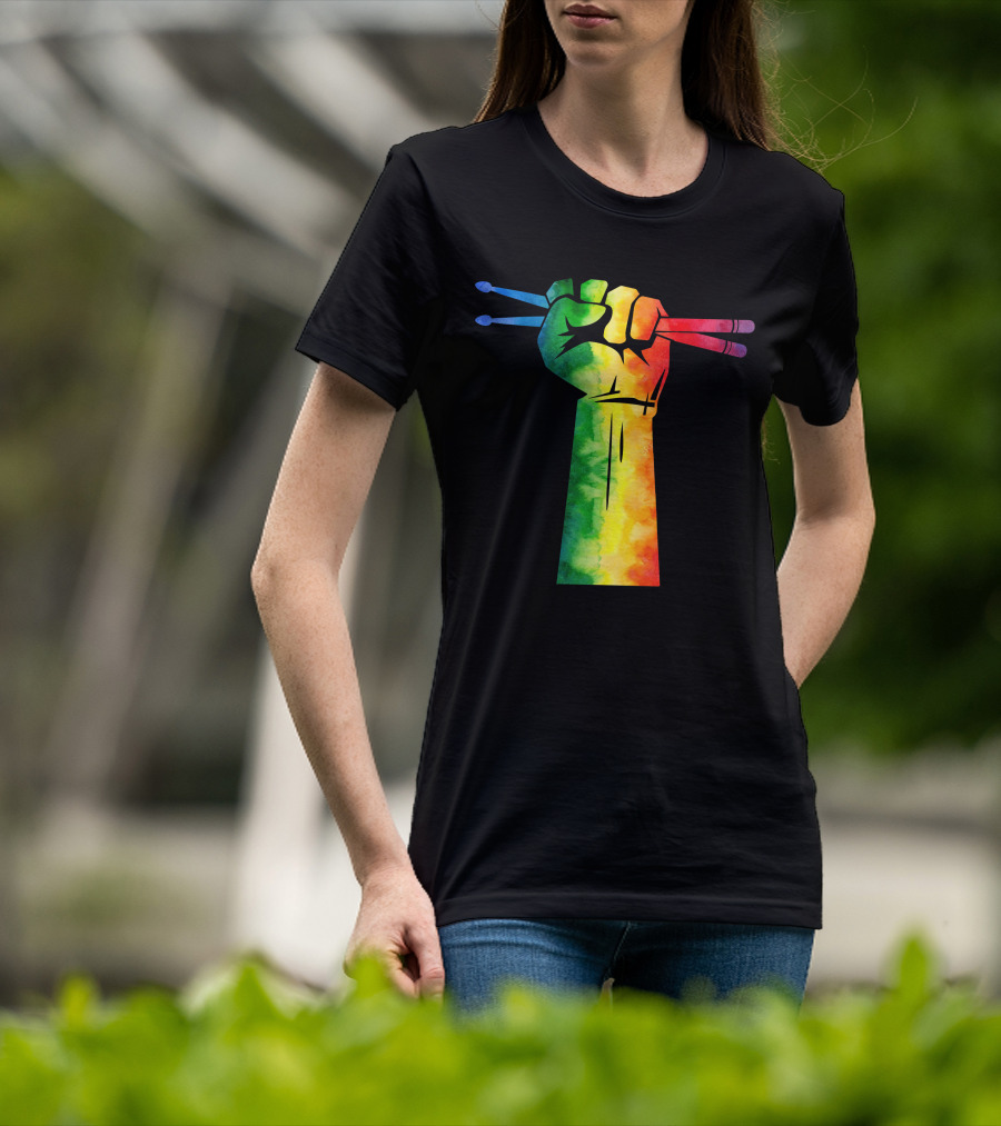 Drumstick Drummer Rainbow Fist T-Shirt
