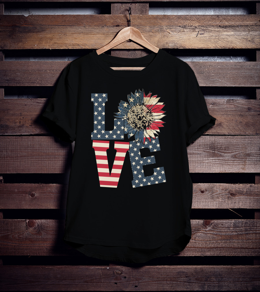 Sunflower Love American Flag Stars And Stripes Flower T-Shirt