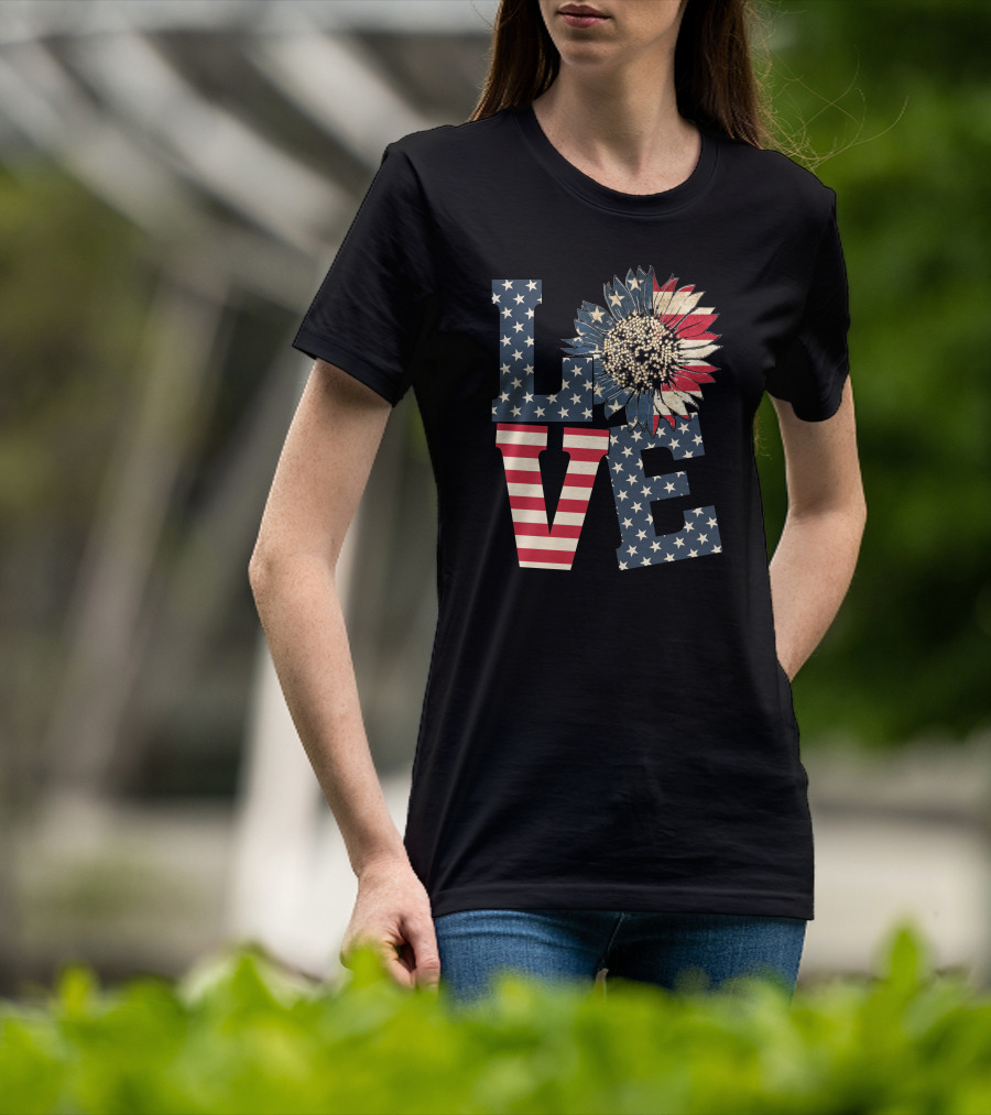 Sunflower Love American Flag Stars And Stripes Flower T-Shirt