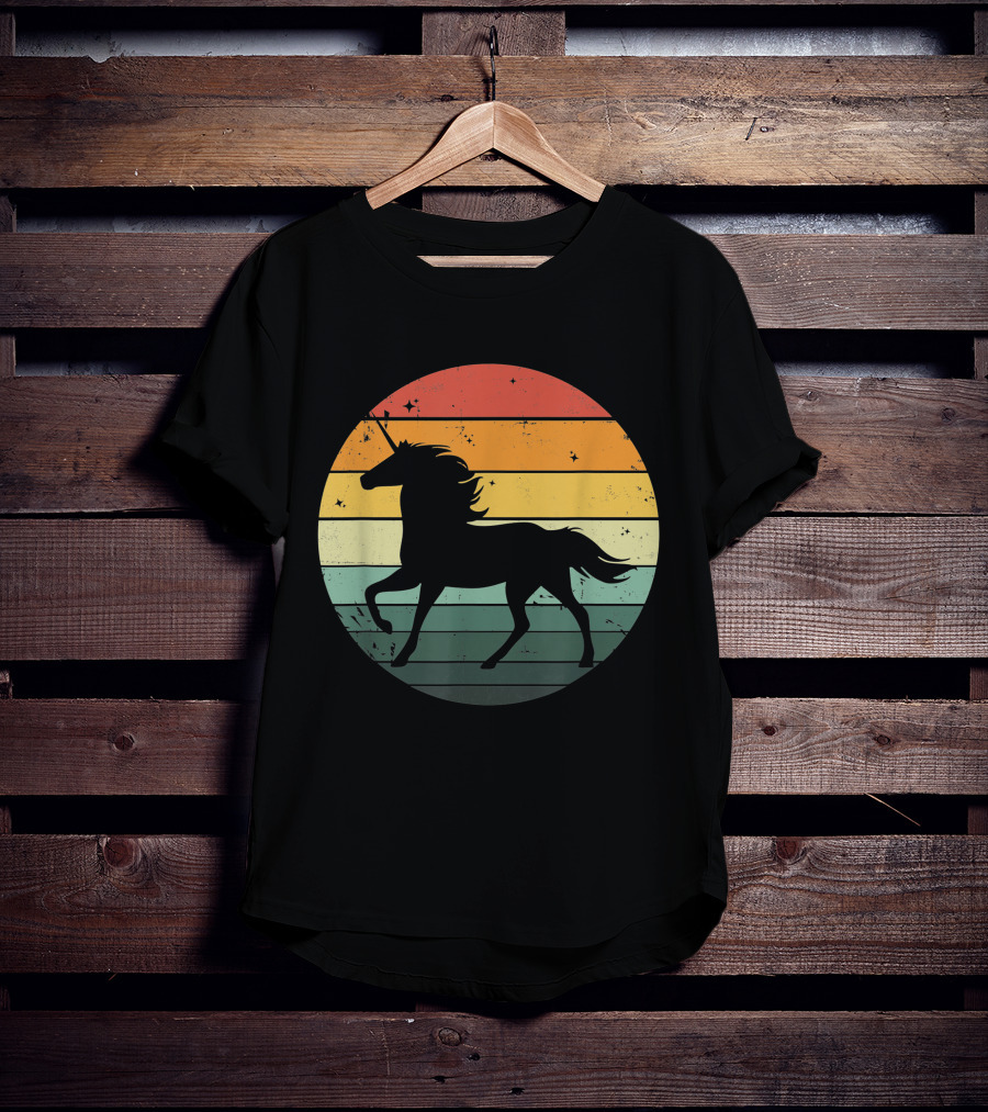 Unicorn Silhouette Against Retro 70s Sunset Stripes T-Shirt