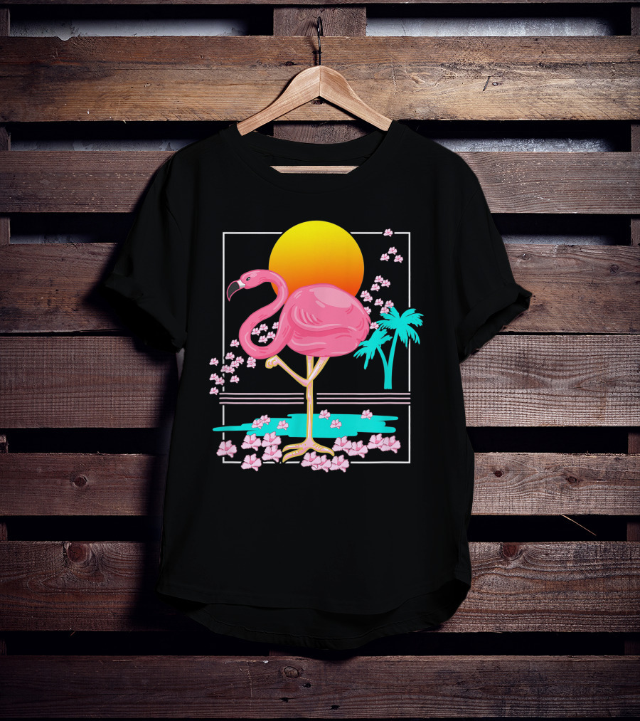 Flamingo Tropical Flowers And Sunset Scene T-Shirt