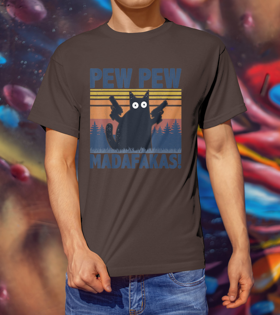 Pew Pew Madafakas Funny Vintage Cat With Guns Retro Forest Background T-Shirt