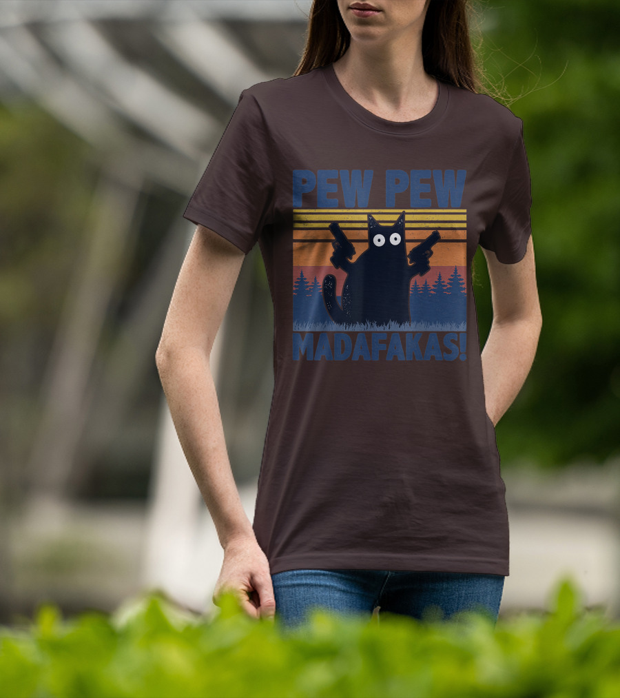 Pew Pew Madafakas Funny Vintage Cat With Guns Retro Forest Background T-Shirt