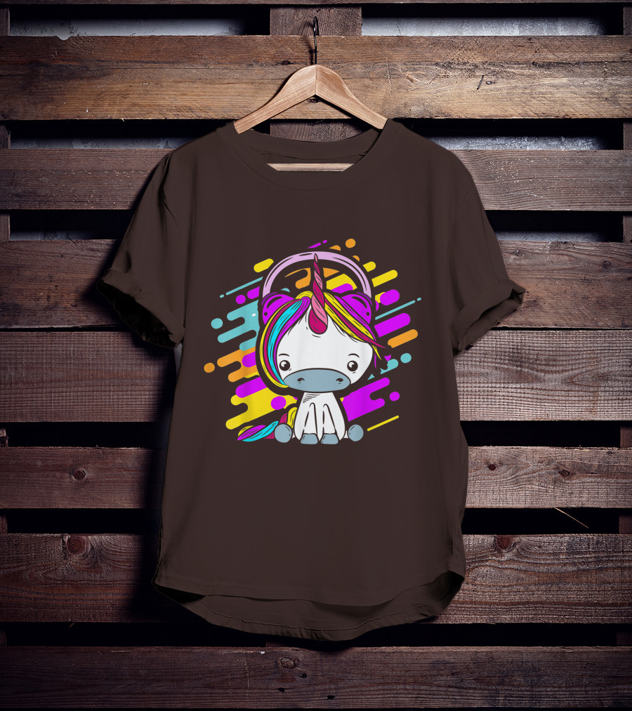 Cute Rainbow Unicorn Headphones Music T-Shirt