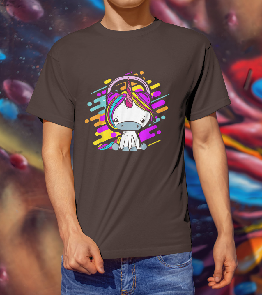 Cute Rainbow Unicorn Headphones Music T-Shirt