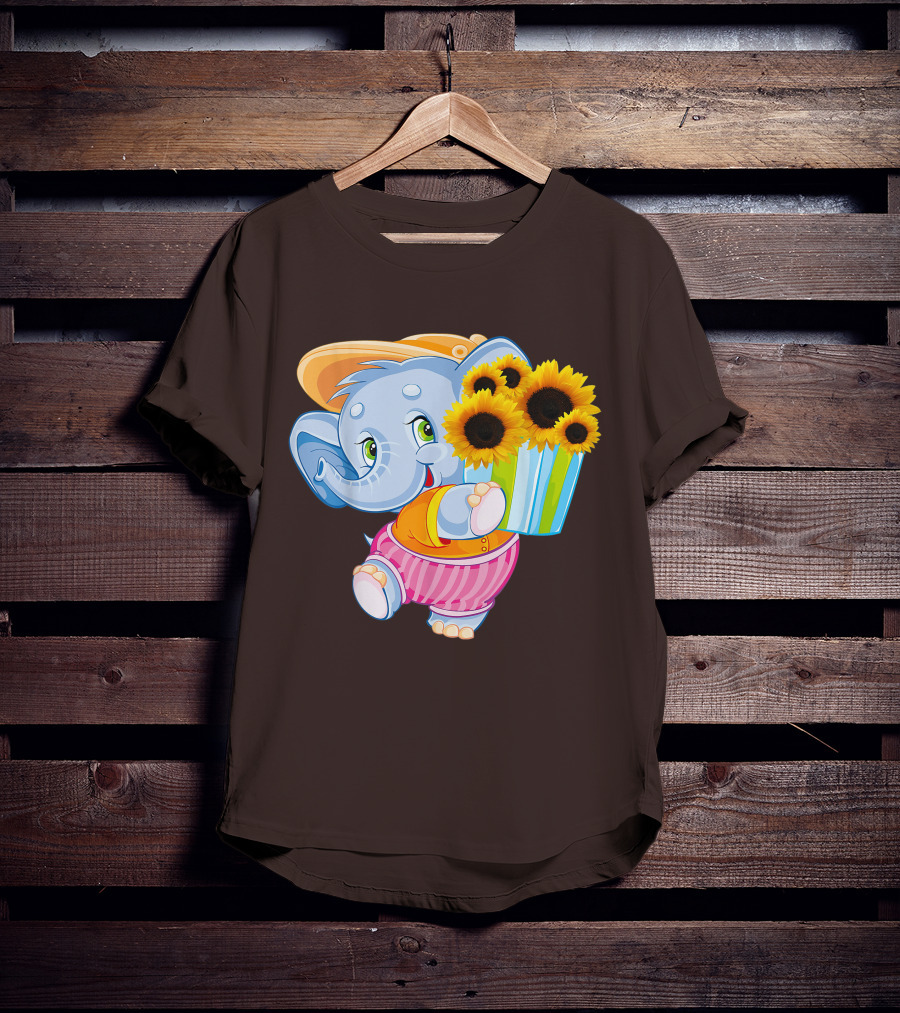 Cute Baby Elephant With Sunflowers And Pink Striped Shorts T-Shirt