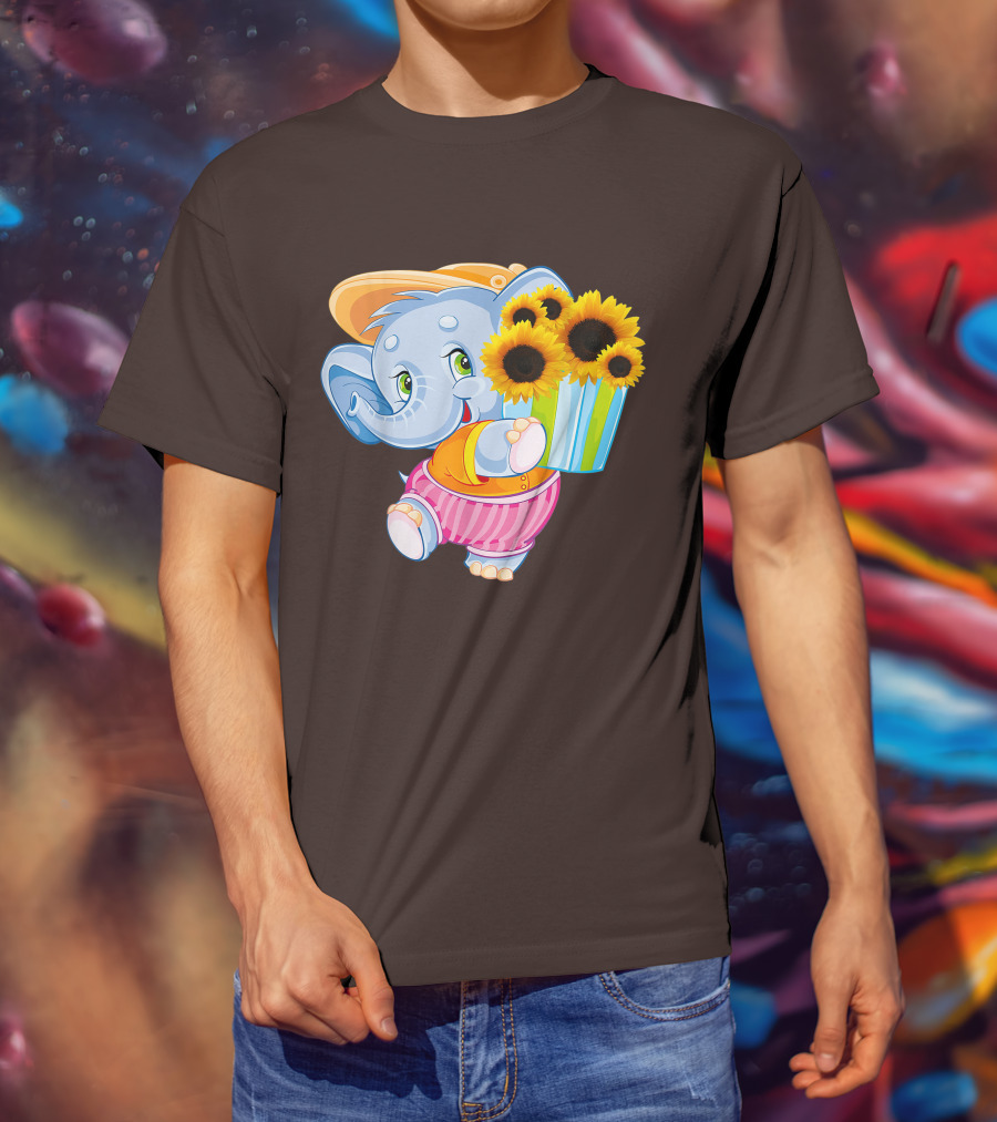 Cute Baby Elephant With Sunflowers And Pink Striped Shorts T-Shirt