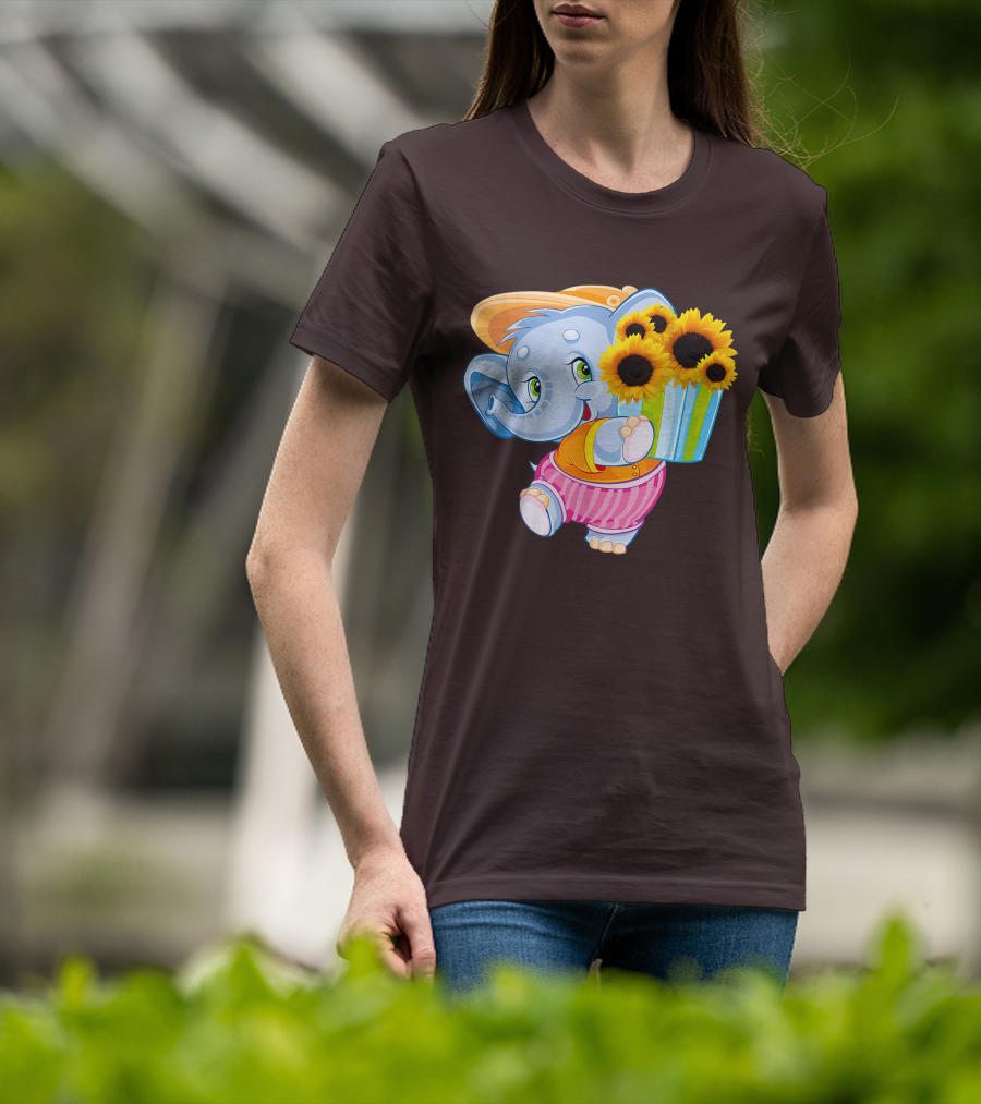 Cute Baby Elephant With Sunflowers And Pink Striped Shorts T-Shirt