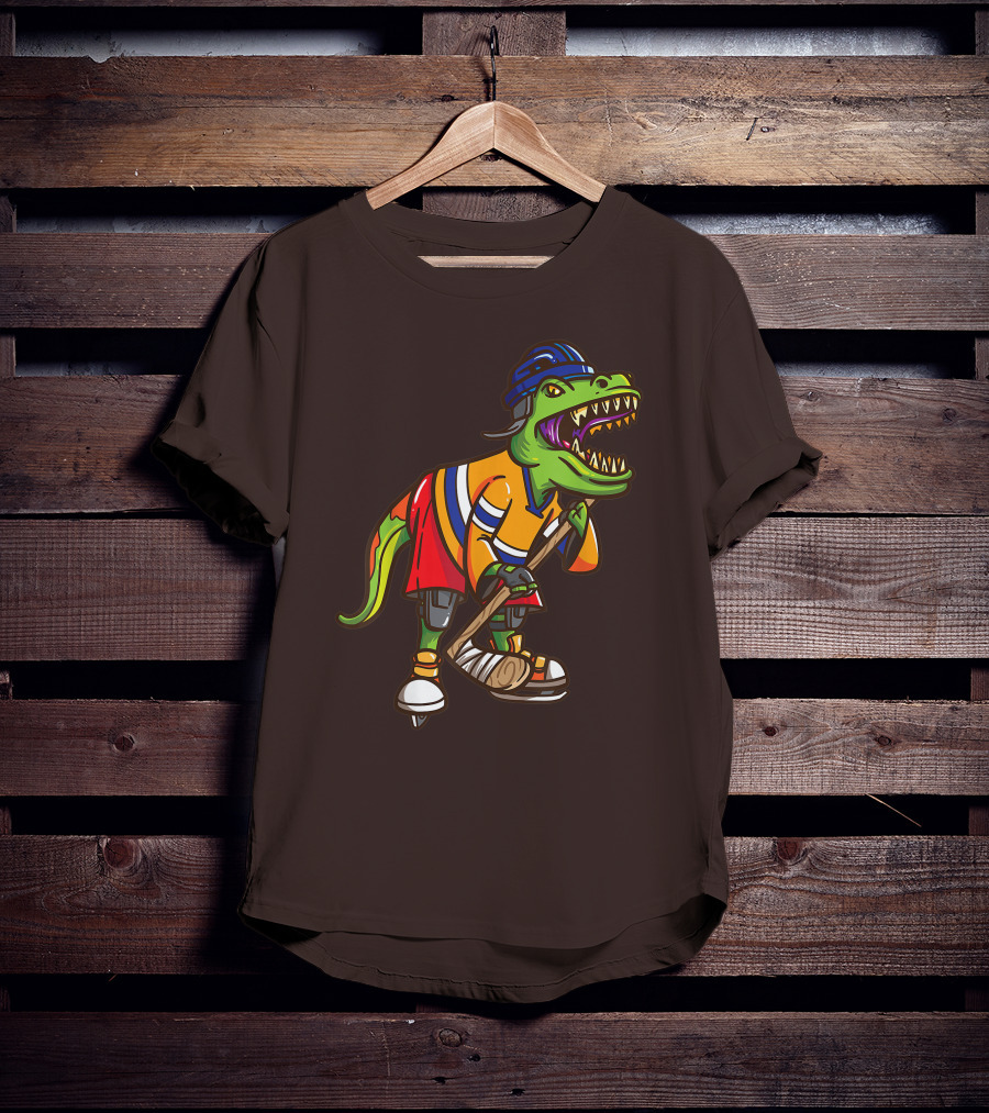 Roller Skates Hockey Dinosaur In Uniform With Stick And Helmet T-Shirt