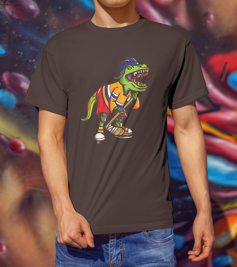 Roller Skates Hockey Dinosaur In Uniform With Stick And Helmet T-Shirt