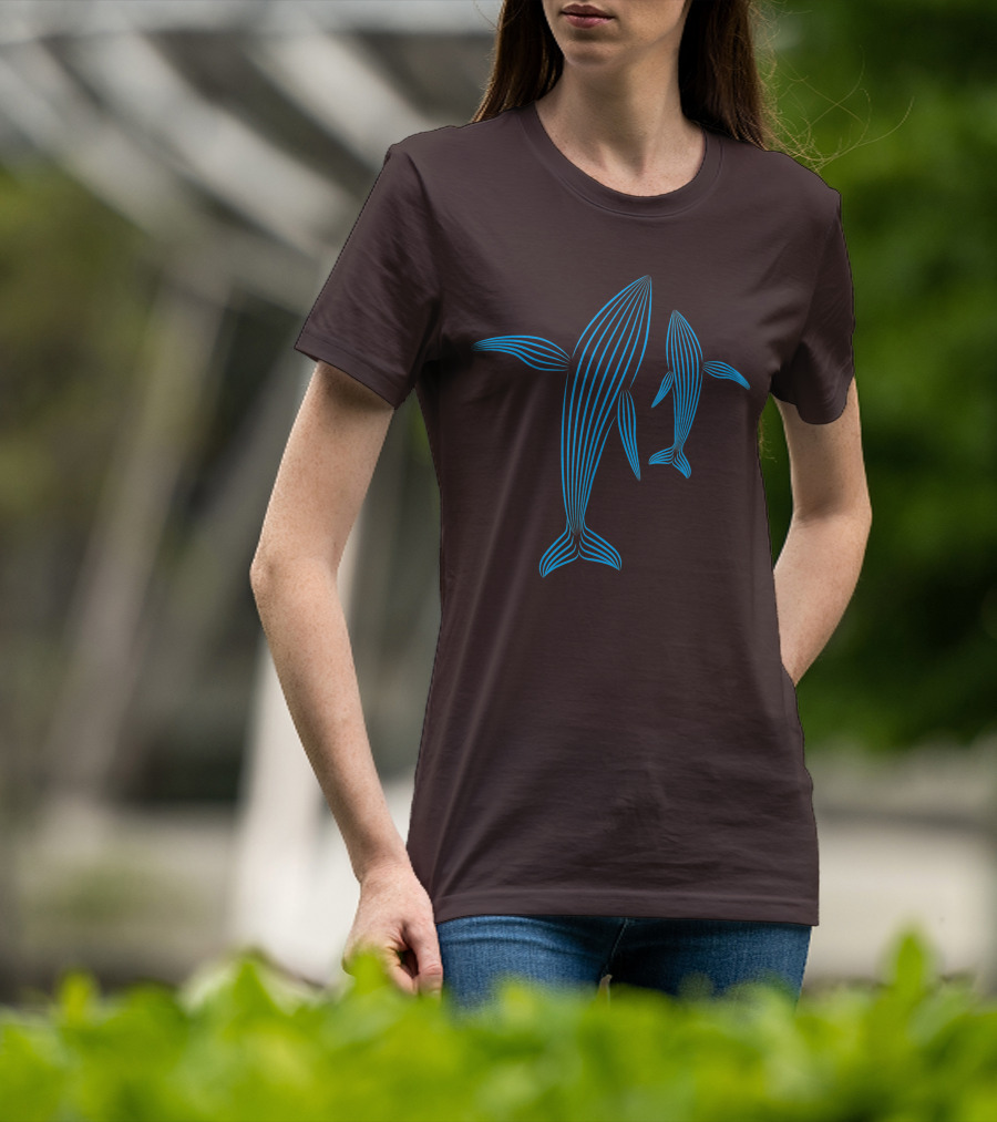 Save The Whales Blue Line Art Humpback Whale Pair Awareness T-Shirt