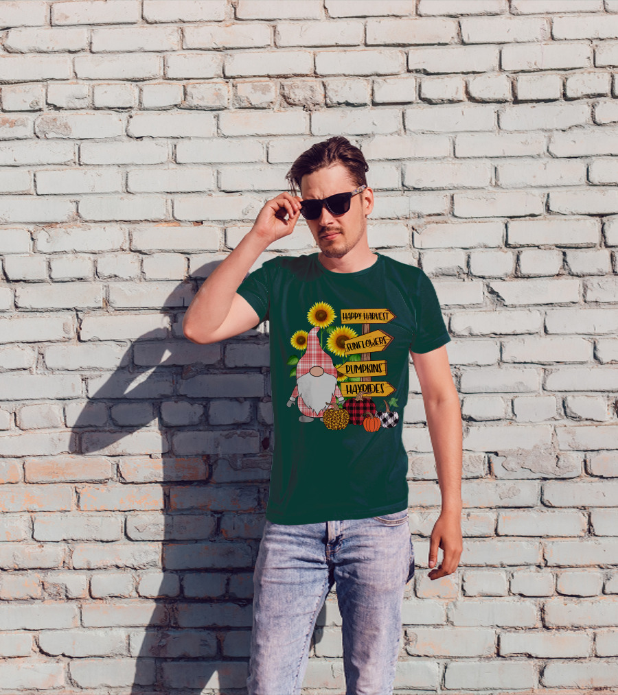 Happy Harvest Sunflowers Pumpkins Hayrides Gnome T-Shirt