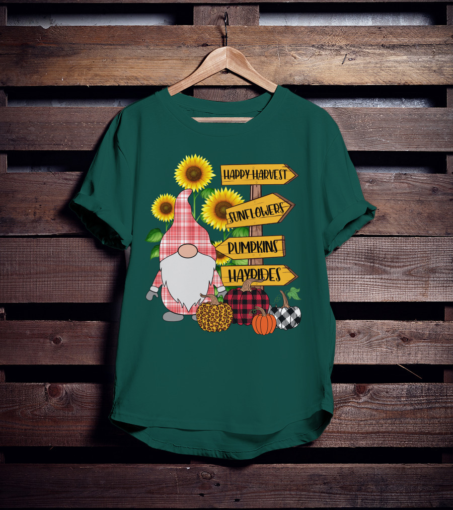 Happy Harvest Sunflowers Pumpkins Hayrides Gnome T-Shirt