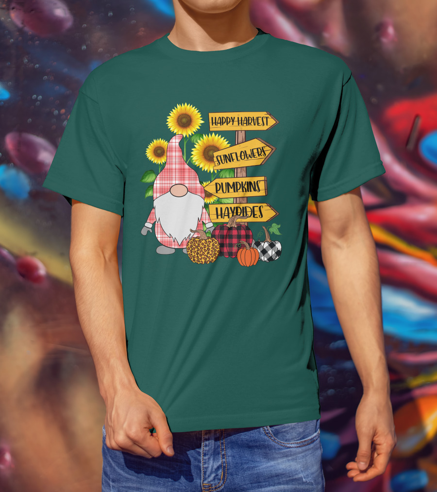 Happy Harvest Sunflowers Pumpkins Hayrides Gnome T-Shirt