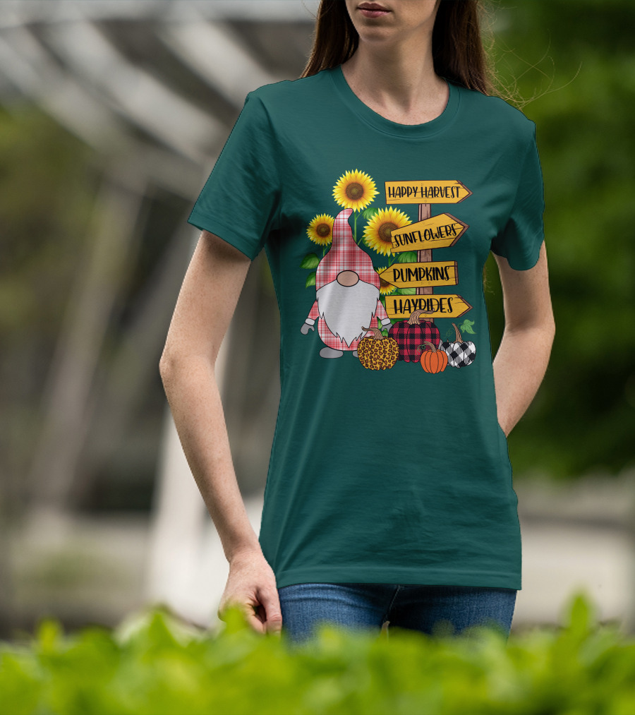 Happy Harvest Sunflowers Pumpkins Hayrides Gnome T-Shirt