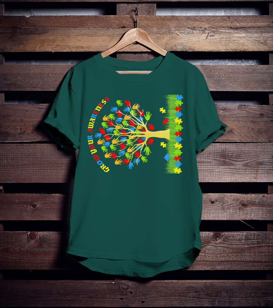 Grow Your Awareness Tree Of Colored Hands And Puzzle Pieces T-Shirt