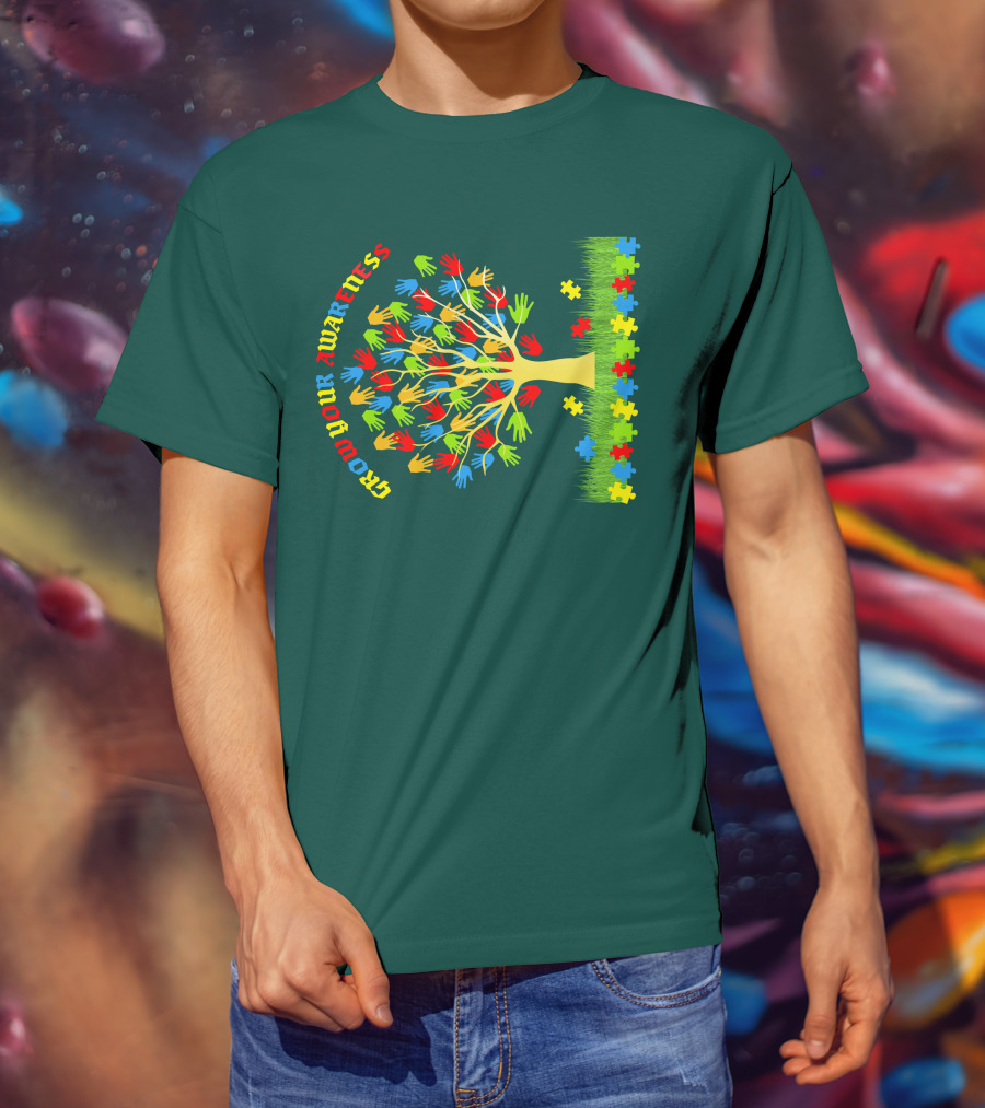 Grow Your Awareness Tree Of Colored Hands And Puzzle Pieces T-Shirt