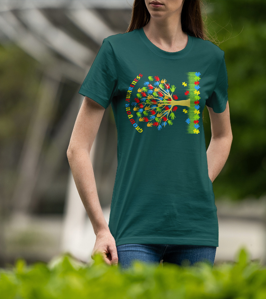 Grow Your Awareness Tree Of Colored Hands And Puzzle Pieces T-Shirt
