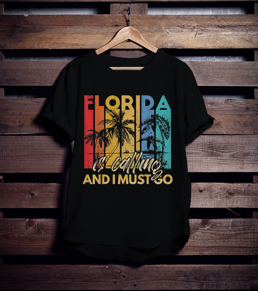 Florida Is Calling And I Must Go Beach Vacation Summer Retro Palm Trees T-Shirt