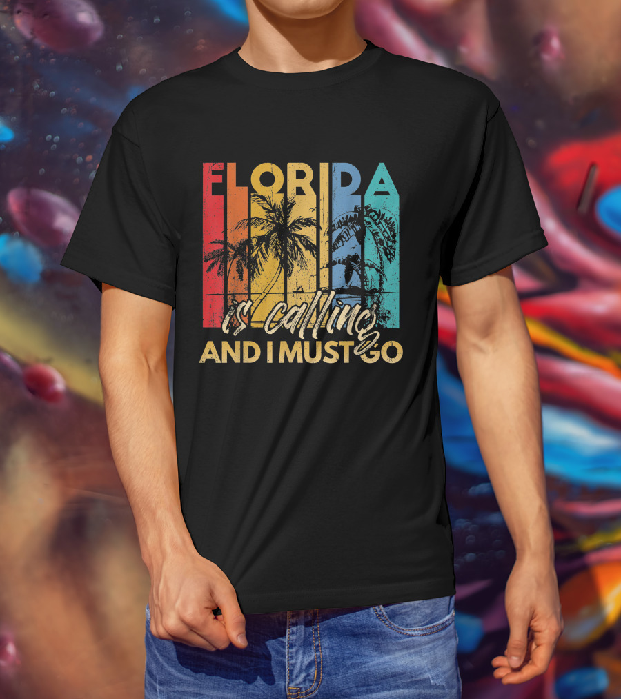 Florida Is Calling And I Must Go Beach Vacation Summer Retro Palm Trees T-Shirt