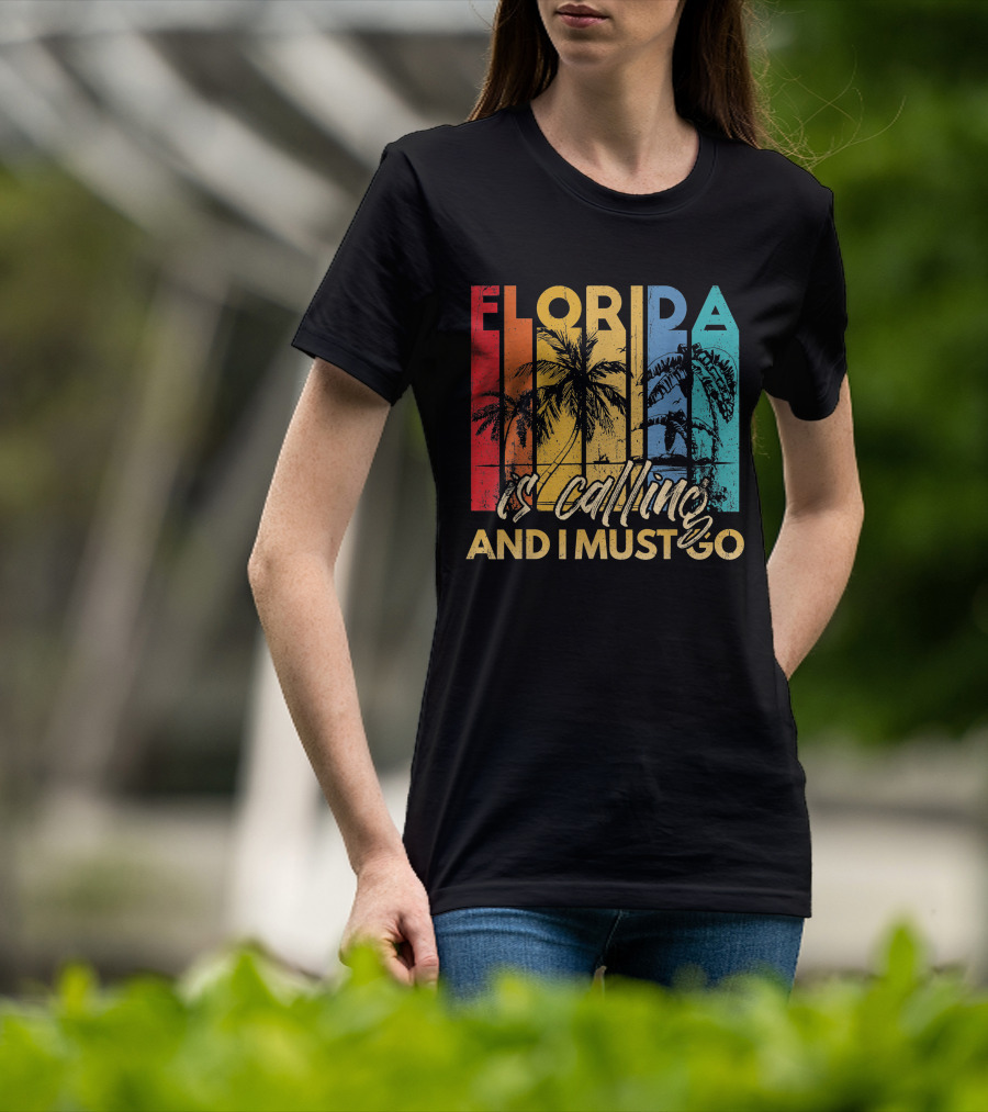 Florida Is Calling And I Must Go Beach Vacation Summer Retro Palm Trees T-Shirt