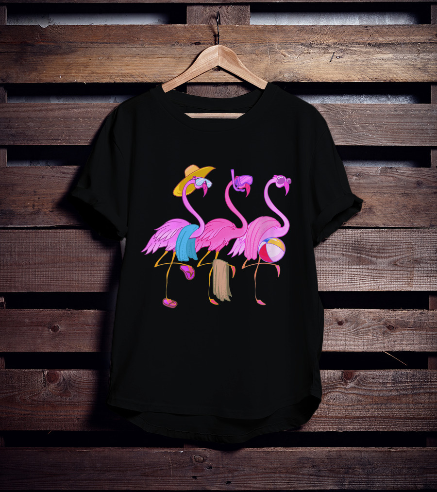 Funny Beach Flamingos Towels Cool Summer Bird Fan With Hat And Beach Ball T-Shirt