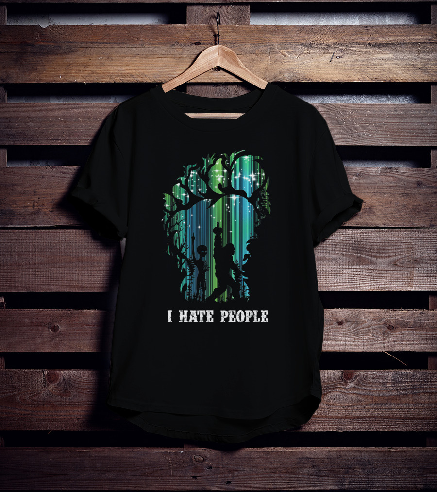 Alien Bigfoot Middle Finger I Hate People Camping Forest Scene T-Shirt