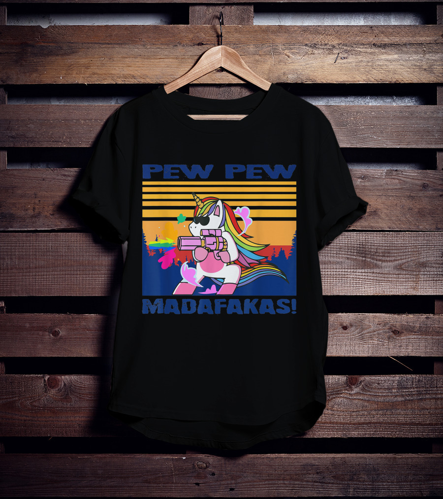 Pew Pew Madafakas Funny Unicorn With Rainbow Gun And Sunglasses T-Shirt