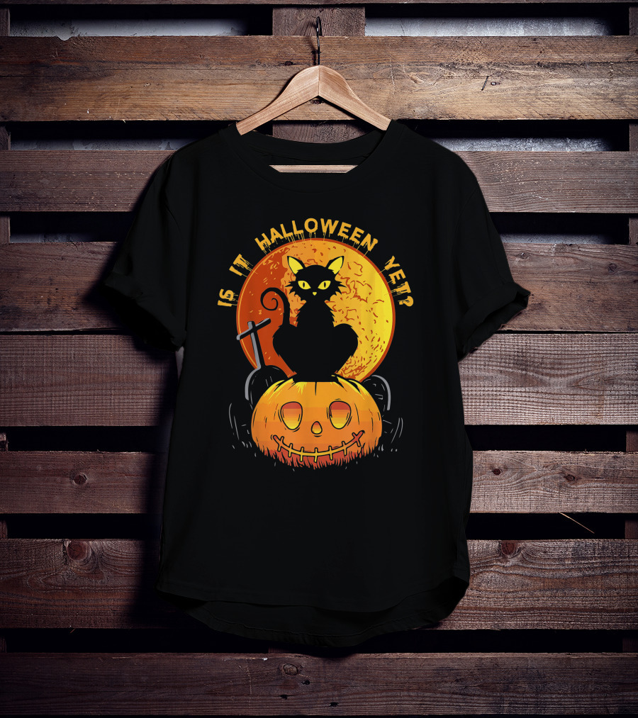 Is It Halloween Yet Funny Cat Pumpkin With Full Moon And Witch's Broom T-Shirt