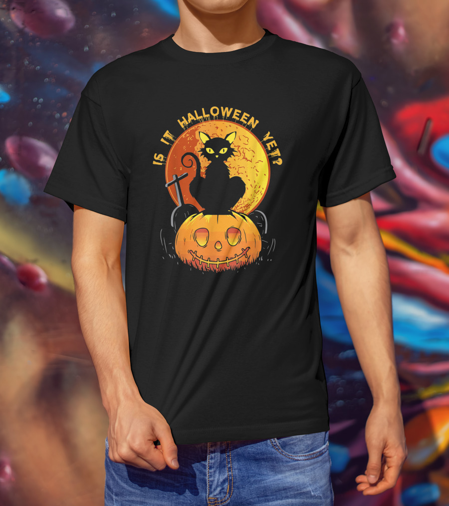Is It Halloween Yet Funny Cat Pumpkin With Full Moon And Witch's Broom T-Shirt