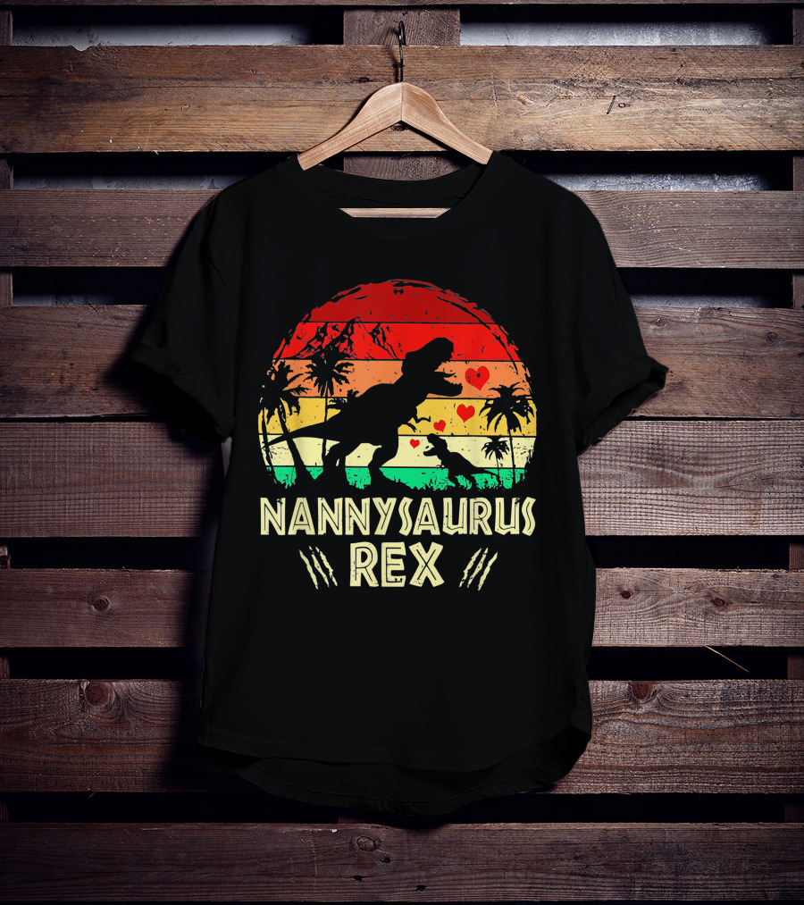 Nannysaurus Rex Dinosaur Sunset Hearts T-Shirt