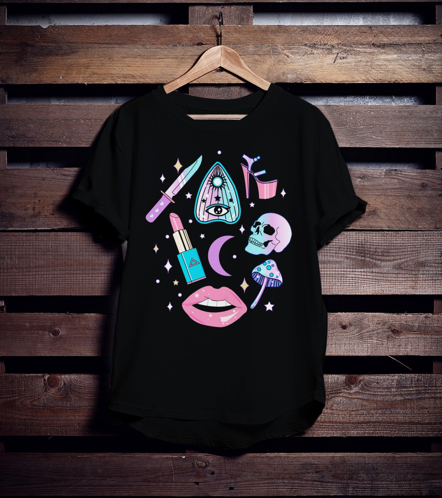 Pastel Goth Kawaii Witch Creepy Knife Skull Lipstick Moon Stars Mushroom Heels Ouija T-Shirt