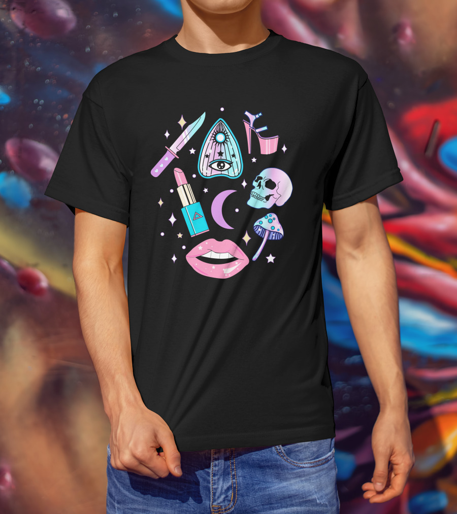 Pastel Goth Kawaii Witch Creepy Knife Skull Lipstick Moon Stars Mushroom Heels Ouija T-Shirt