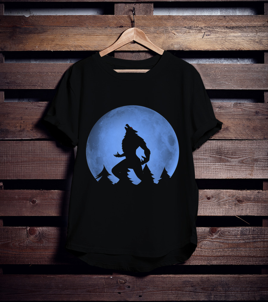 Werewolf Silhouette Howling At Full Blue Moon With Forest Background T-Shirt