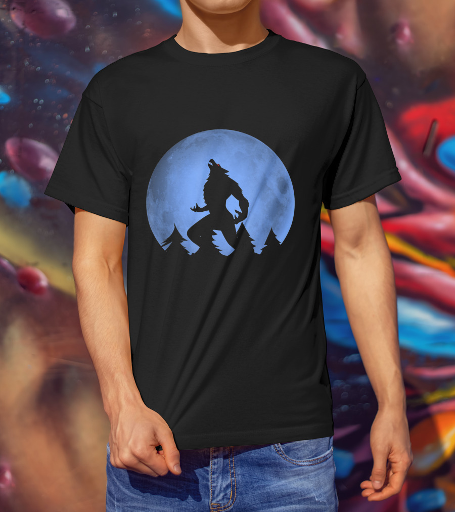 Werewolf Silhouette Howling At Full Blue Moon With Forest Background T-Shirt